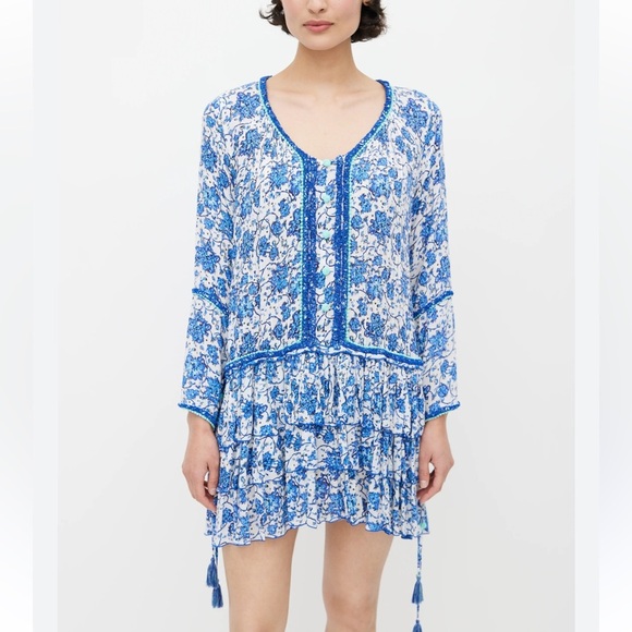 Poupette St Barth Blue floral tiered mini dress tassels - Picture 1 of 7